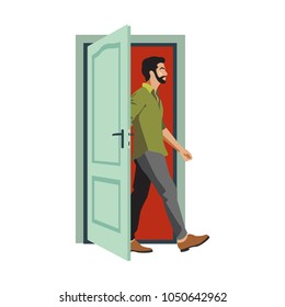 Side View of a Man Walking trough the Open Door. Vector Illustration. Isolated on White Background