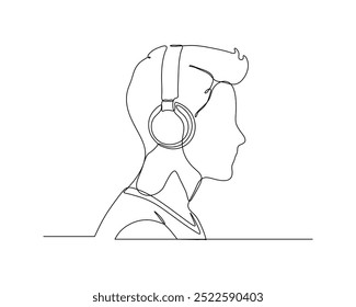 A side view of a man wearing headphones. continuous line drawing of a modern audio technology and personal listening experiences.