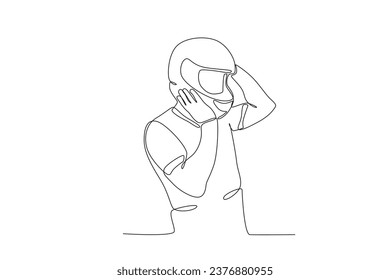 Side view of a man wearing a helmet. Bikers one-line drawing