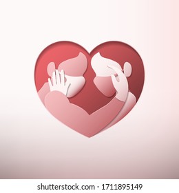 Side view of man and woman wearing medical face masks and rubber gloves, caressing each other inside heart shaped frame in paper art style