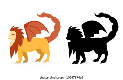 Side view, Manticore in flat and silhouette vector