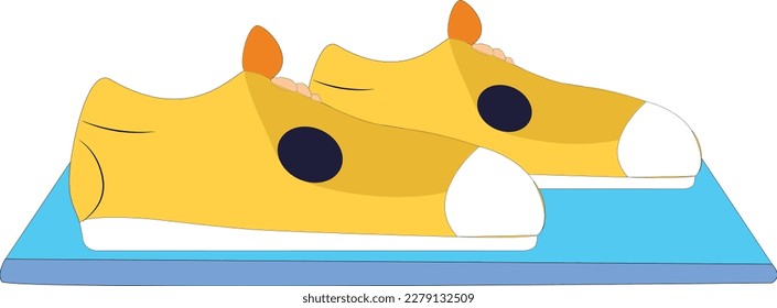 Side view of men fashion shoes, classic shoe design, walking steps. Vector of a pair of yellow  footwear. Stylish male shoes, boat shoes, or sports shoes
