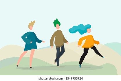 Side view of men and women walking. People go for a walk. Modern vector illustration for lifestyle design.