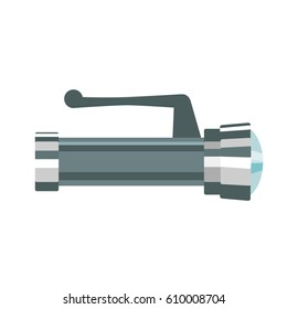 Side view of the metallic touristic flashlight with the handle. Vector illustration. 