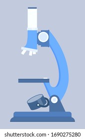 Side view of microscope, laboratory equipment with lens, analyzing micro objects. Science technology, medical test, microbiology instrument, lab vector