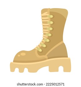 Side view of military boot turned left cartoon illustration. Beige, khaki or camouflage shoe for soldiers or officers, clothes for combat or battle isolated on white background. Army, uniform