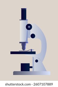 Side view of a modern microscope in blue tones with gradient shading, placed on a plain beige background. Concept of scientific research and laboratory equipment. Vector illustration