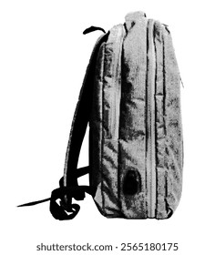 Side view of a modern urban backpack. Rucksack with straps, perfect for hiking and travel, designed with halftone and dotted vintage style. Vector illustration isolated on white