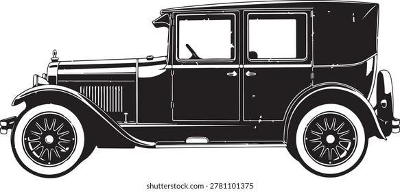 Side view monochrome vector illustration of a vintage nineteen twenties style luxury sedan featuring a enclosed cabin and spoked wheels.