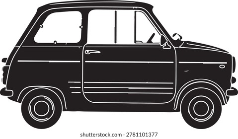 Side view monochrome vector illustration of a vintage microcar featuring a compact two-door design.