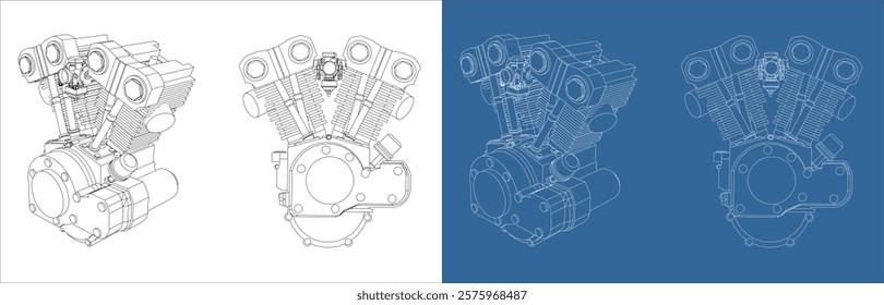  Side view Motorcycles engine V-twin line drawing technical blueprints Illustration. vector isolated on white and blue background