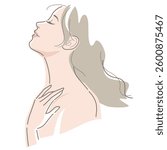Side view of a naked and eyes closed woman with touch her neck. Vector illustration in line drawing, isolated on white background.