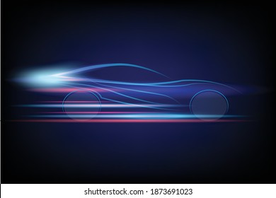 Side view neon glowing of sport car for logo, banner or marketing advertising design. Abstract modern styled vector illustration.