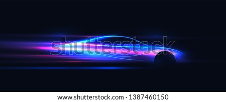 Side view neon glowing sport car silhouette. Abstract modern styled vector illustration.