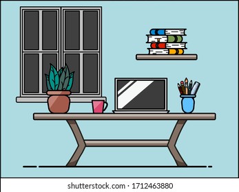 Side view of office workplace table modern and stylish office or home. Wooden table, office supplies, monitor, books, notebook, Coffee glasses, pen, paper, tea Vector illustration for Co-Working Space