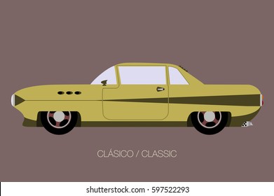 side view old american classic car, side view,  flat design style