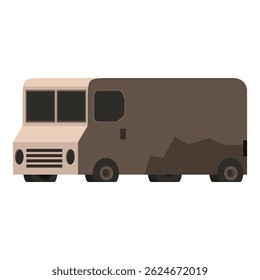 Side view of an old, dirty, and scratched delivery van, isolated on a white background, suitable for transportation and logistics concepts
