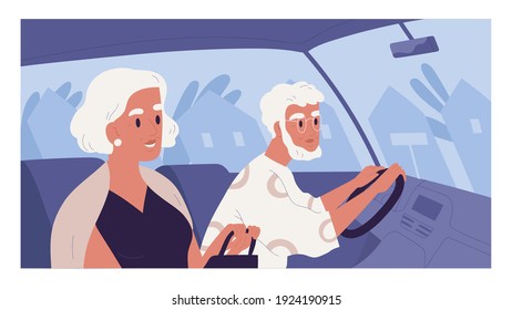 Side view of old gray-haired couple inside car on summer evening. Scene with elegant senior people driving auto. Colored flat vector illustration of happy elderly man and woman in automobile