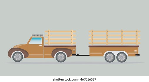 Side view of Old Pick up Truck with Trailer truck