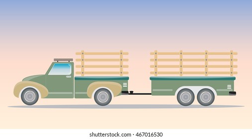 Side view of Old Pick up Truck with Trailer truck