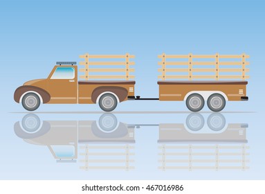 Side view of Old Pick up Truck with Trailer truck