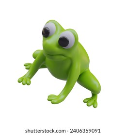 Side view on cartoon green frog. Tailless amphibian on white background. Animal sitting and ready to jump. Cartoon hungry frog. Vector illustration in 3d style