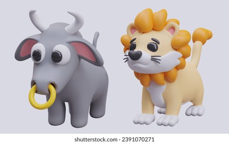 Side view on cute bull with gold ring in nose and orange lion. Realistic composition with animals. Vector illustration in 3D style with gray background