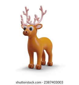 Side view on cute model deer in realistic style. Concept of Christmas and New Year. Toy decoration on winter holiday. Vector illustration in 3d style with white background