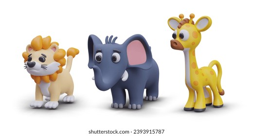 Side view on cute realistic lion, blue elephant, and giraffe. African animals concept. Models for toys. Vector illustration in 3D style on white background