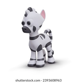 Side view on cute zebra. Striped little animal model on white background. African animal. Vector illustration in 3D style with shadow in white and black colors