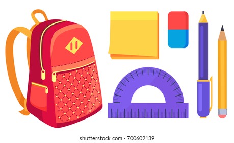 Side view on fashionable model of kids backpack in red and orange colors, pencil and pen with ruler and notepaper nearby vector illustration isolated on white