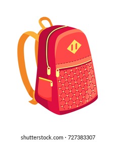 Side view on fashionable model of kids backpack in red and orange colors with metal zippers and pockets vector illustration isolated