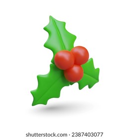 Side view on green plant with red berry, holly branch. Christmas attribute concept. Element for decorate home. Vector illustration in 3d realistic style in red and green colors