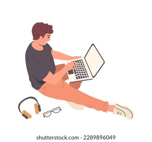 Side view on happy cheerful male character freelancer working on laptop computer sitting on floor