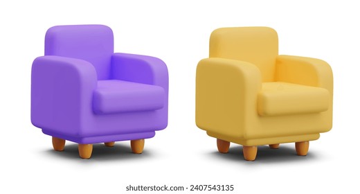 Side view on modern armchair for home. Collection of models for interior composition. Soft home furniture. Vector illustration in 3d style with white background