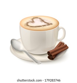 Side view on realistic beige cup filled with coffee and cream decorated by a cinnamon pattern in the form of heart vector illustration