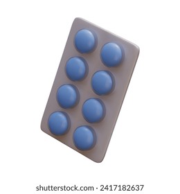 Seitenansicht auf realistische Blisterpackung mit blauen Tabletten. Konzept der persönlichen Medizin für gute Gesundheit. Medizinisches Produkt im Cartoon-Stil. Vektorgrafik im 3D-Stil mit weißem Hintergrund