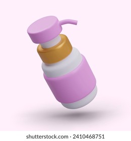 Side view on realistic bottle with dispenser. Packaging with pump. Cosmetic bottle in white and pink colors. Vector realistic 3d illustration on pink background