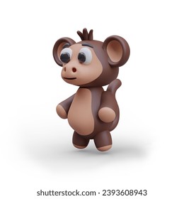 Side view on realistic model of cute animal on white background with shadow. Model with fluffy monkey for toy store. Vector illustration in 3D style in brown colors