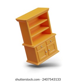 Side view on realistic wardrobe with two doors on bottom and open shelves on top. Object in cartoon style for online store. Vector illustration in 3d style