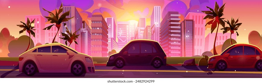 Side view on road with cars, palm trees on roadside, modern city with skyscraper buildings on background on sunset or sunrise with pink light and sky. Cartoon vector evening cityscape with traffic way