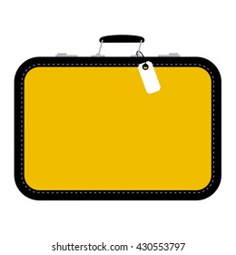 Side view on single old fashioned yellow suitcase with blank tag on isolated white background
