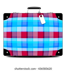 Side view on single old fashioned colorful suitcase with blank tag on isolated white background