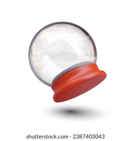 Side view on snow globe with round red stand. Realistic 3d model of ball and stand with place for different Christmas objects inside. Happy New Year concept. Vector illustration