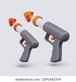 Seitenansicht auf Speerfischen Harpunen. Schwarzer Gegenstand für Unterwasserjagd mit orangefarbenen und roten Pfeilen. Waffen für die Jagd auf See. Vektorgrafik im 3D-Stil mit grauem Hintergrund