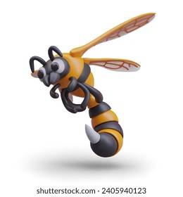 Side view on wasp flying on white background. Realistic insect design. Cartoon wasp in black and yellow colors. Vector illustration in 3d style with shadow