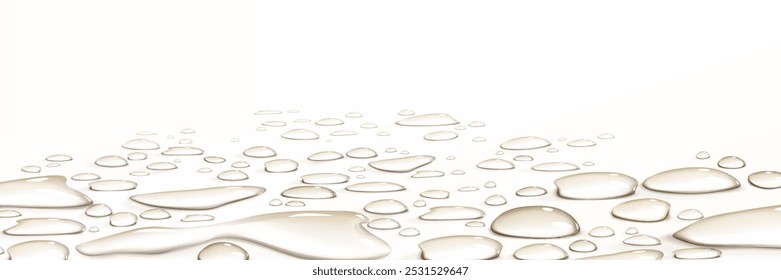 Side view on white waterproof smooth glass surface with clear water droplets. Realistic 3d vector background with scattered rainy splatters and puddles. Shower condensation moisture drop pattern.