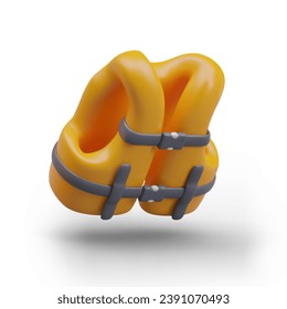 Side view on yellow life vest with black belts. Equipment for safe swimming on water concept. Safety jacket in cartoon style. Vector illustration in 3d style