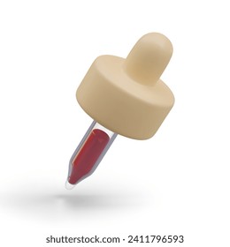 Side view on yellow pipette with red serum. Cosmetic for skincare. Concept of body care. Cosmetic essence. Hyaluronic acid. Vector 3d illustration on white background