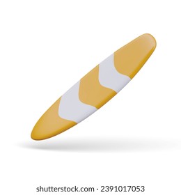 Side view on yellow surfboard in realistic style. Board for active sport on water. Surfing on ocean big wave. Vector illustration in 3d style on white background